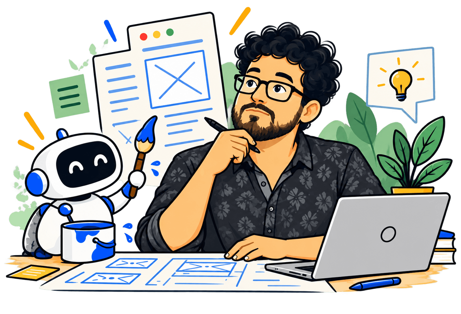 Ilustración de Omar Lee programando junto a un robot y una pantalla con código